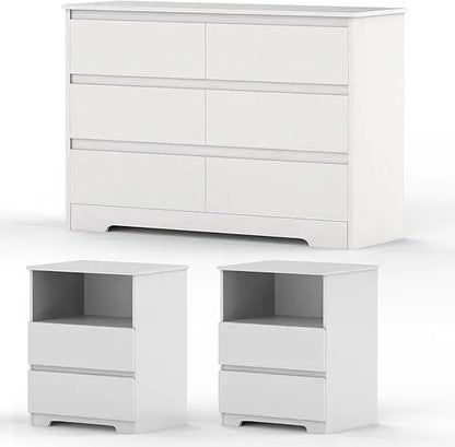 3 Pieces Bedroom Furniture Set, Rustic Wood 6 Drawer Dresser and Nightstands, Chest of Drawers.