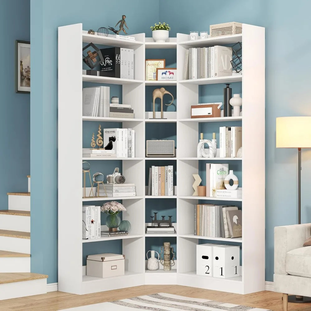 70.8" Tall Corner Bookshelf, 7-Tier L-Shaped Storage Rack, with Baffle for Home Office Living Room.