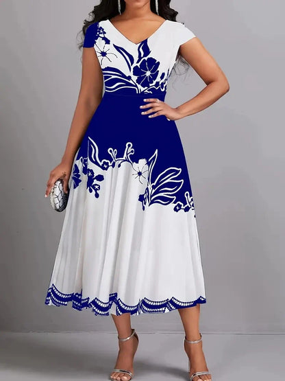 Plus Size Peplum Floral Print Dress - Elegant V-Neck, Short Sleeves, Scalloped Hem, Zipper Closure,