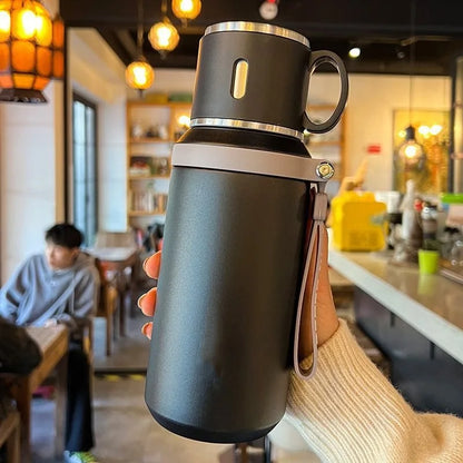 600ML Stainless Steel Insulated Bottle, with Cup Lid Rope Handle, Office, Home ,Portable Thermos Cup.