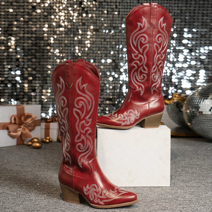 Women Retro Western Embroidered Cowboy Boots - Pointed Toe High Block Heel, Faux Cover with Fabric Lining.