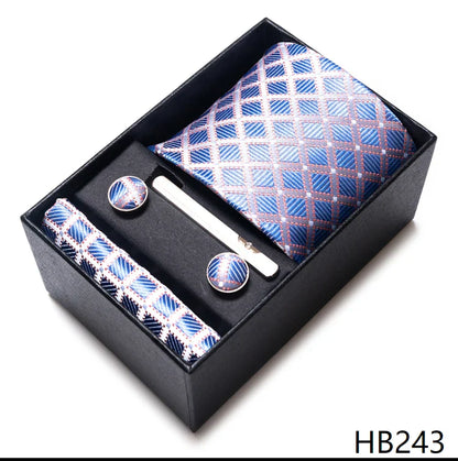 8 cm Wide Tie Sets Blue Solid Men's Neck Tie Handkerchief Cufflinks Clip Gift Silk Handmade