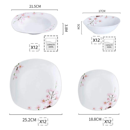 48-Piece Porcelain Ceramic Tableware Dinner Plate Set with Bowl, Dessert Plate, Soup Plate, Dinner Plate for 12 Person.