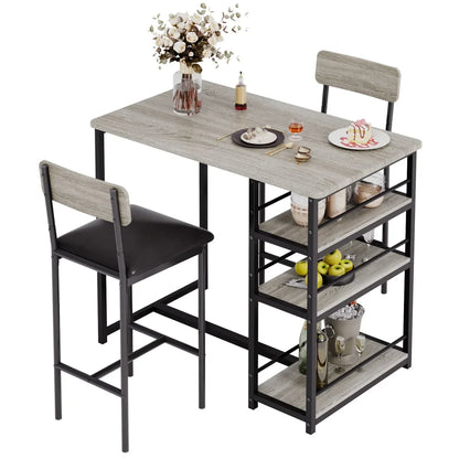 2-Person Dining Table Set, Bar Table with 2 Upholstered Chairs, & 3 Storage Shelves, Small Space Kitchen Table for Apartment.