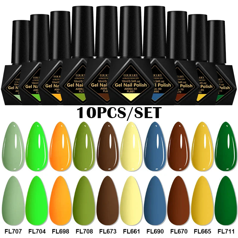 10pcs 10ml Gel Nail Polish Set, HEMA TPO Free, Red ,Coffee Brown, Semi Permanent Soak Off ,UV Gel Varnish For Winter Nail Supplies.