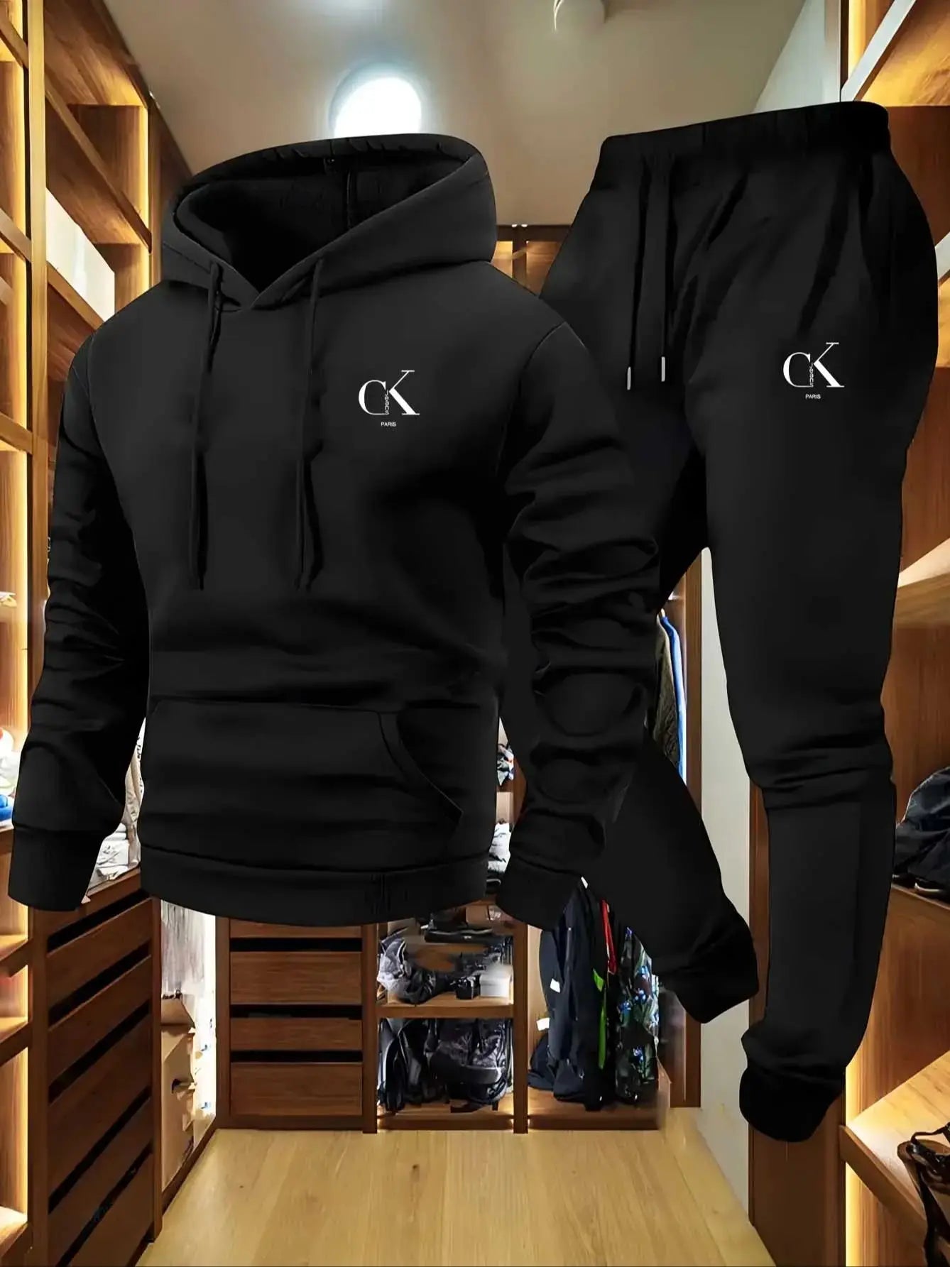 2025 Men Hoodie & Sweatpants Set - Casual Gray Loungewear with Pockets, Drawstring Hood and Ribbed Waistband.
