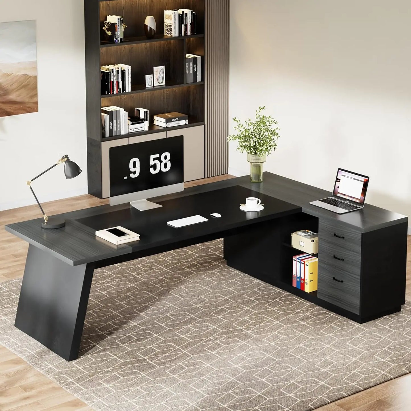 L-Shaped Executive Desk with  Drawers and Lateral File Cabinet,