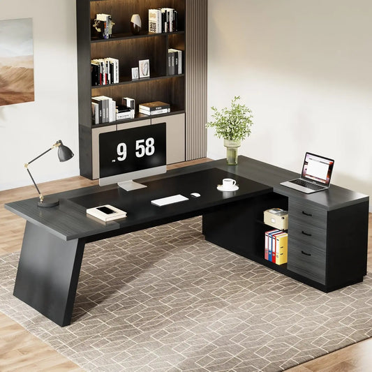 L-Shaped Executive Desk with  Drawers and Lateral File Cabinet,