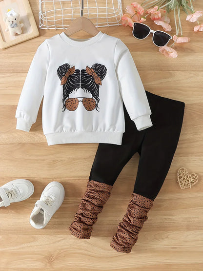 2-Piece Set for Girls: Autumn Portrait Print Round Neck Long-Sleeve Sweatshirt Pants Set.