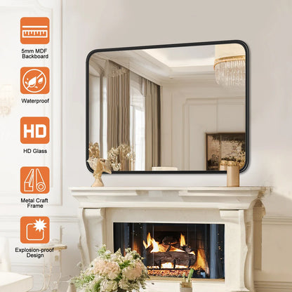 Metal Framed Bathroom Mirror Rectangle Rounded Corner Tempered Glass