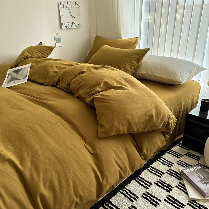 Bed Linen Solid Cotton Bedding Set, with Sheet, Duvet Cover, Pillowcases. Single Couple Bedsheet King, Queen Double Twin Size