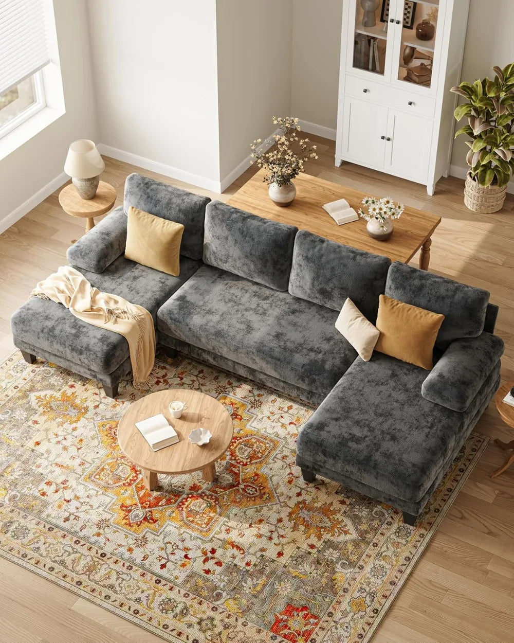 112 Inch U-Shaped Sectional Sofa, Dark Grey Chenille Fabric, Double Chaise for Living Room.