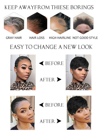 Short Pixie Cut Wig Human Hair | Machine Made Wig with Bangs | Brazilian Remy Hair | Pixie Wig for Black Women