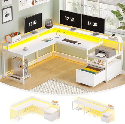 L Shaped Gaming Desk  with File Drawer Power Outlet Computer Desk  Led Lights