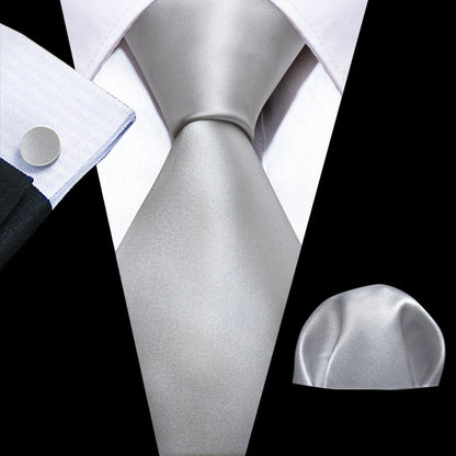 Black White Gray Silver Men Tie Handkerchief Cufflinks Set.
