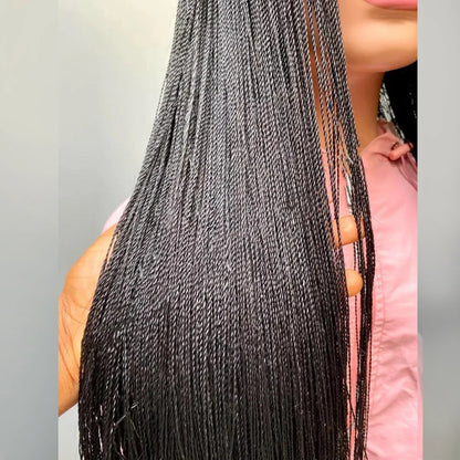 28" Micro Twist Braided Wig | 1B Black | Front Lace | Glueless | Petite Cap | For Black Women
