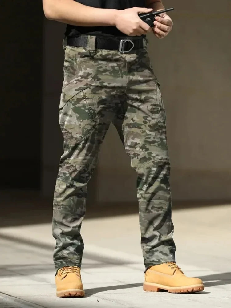 Men Waterproof Cargo Pants, Elastic Multiple Pocket Military Trousers.