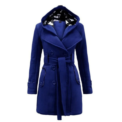New Plaid Hooded Woolen Coat, Waist Belt Double Row Buttons, Mid-Length Outerwear.
