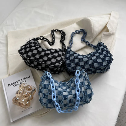 Vintage Women's Casual Shoulder & Underarm Bag | Plaid Pattern Denim Small Purse (Ladies Chain Leisure Handbag, Hobo Style)