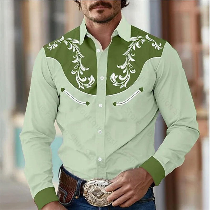 Floral Retro Western Men Shirt Outdoor, Street Casual Long Sleeve S-5XL Shirt.