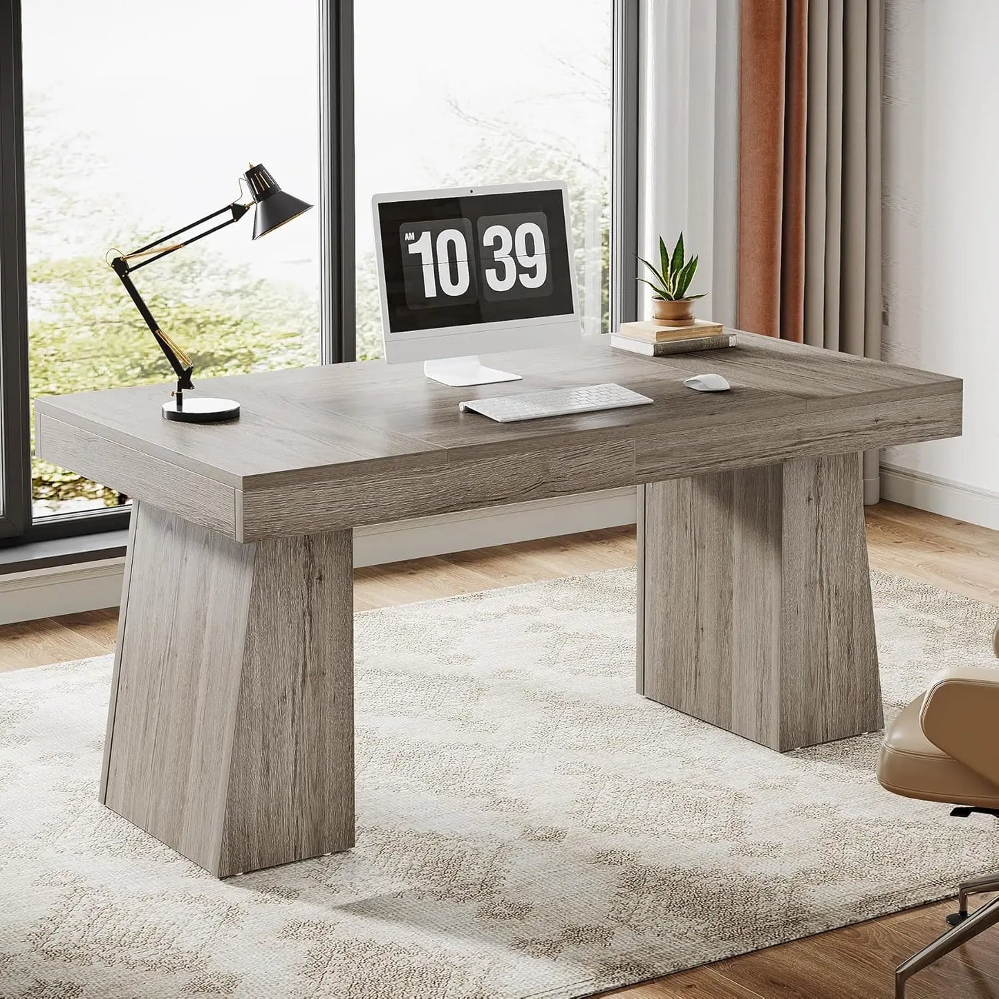 Executive Desk, Modern Home Office Desk with Trapezoid Base, Wood Computer Desk Workstation Small Conference Table.
