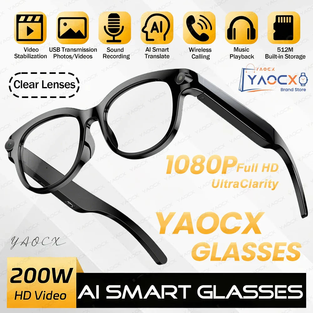 2026 AI Smart Glasses, 200W HD Camera, 1080P Translation, AI Voice Assistant, Music Playback, LED Flashlight Men Women Smart Glasses.