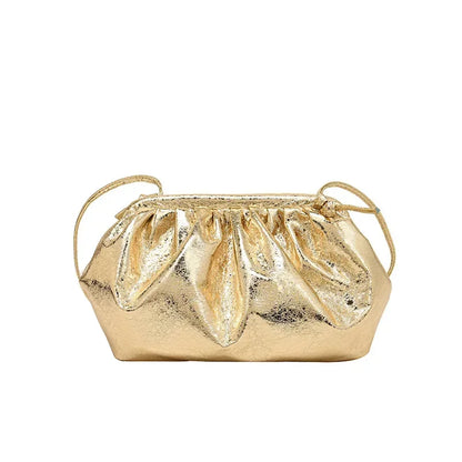 Small Luxury Design Women's Leather Silver Cloud Bag | Gold Crossbody & Ladies Party Clutch Purse (Sequined, Ruched Handbag)