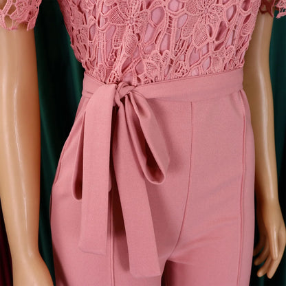 Elegant Jumpsuits & Rompers for Women, O Neck Lace Patchwork Short Sleeve Sashes High Waisted.