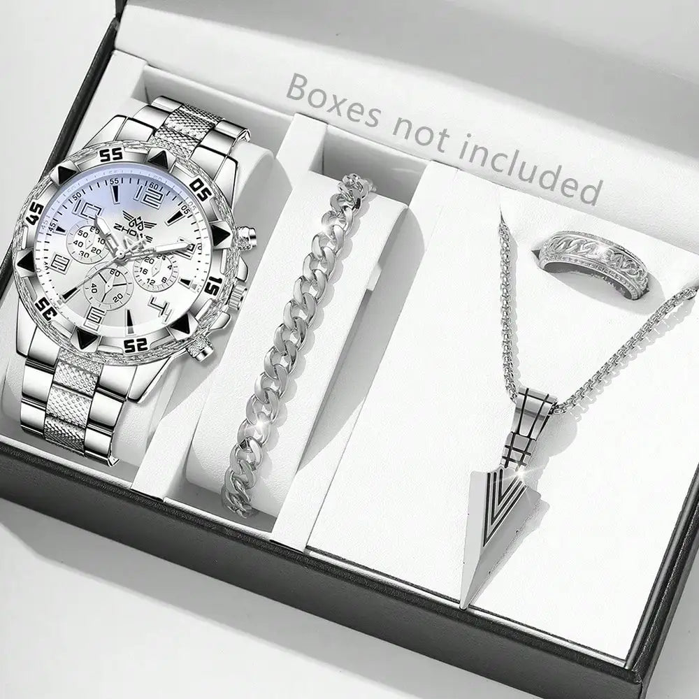 4PCS Silver Men's Fashion Casual Quartz Watch Bracelet Necklace Ring Set.