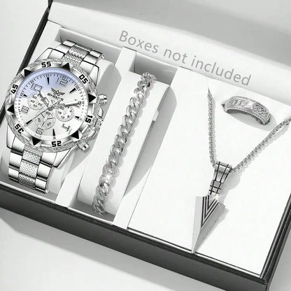 4PCS Silver Men's Fashion Casual Quartz Watch Bracelet Necklace Ring Set.