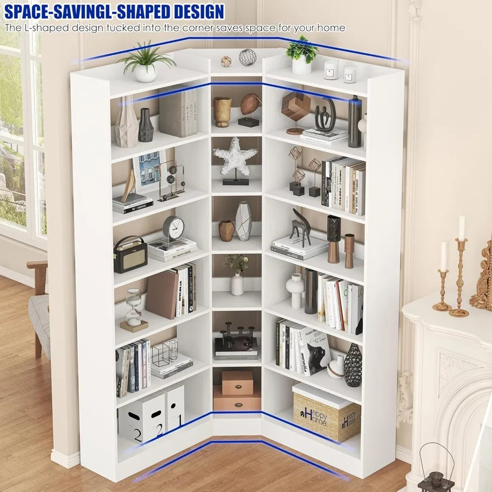 70.8" Tall Corner Bookshelf, 7-Tier L-Shaped Storage Rack, with Baffle for Home Office Living Room.