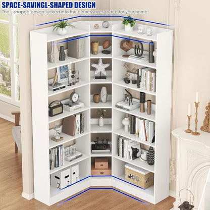 70.8" Tall Corner Bookshelf, 7-Tier L-Shaped Storage Rack, with Baffle for Home Office Living Room.