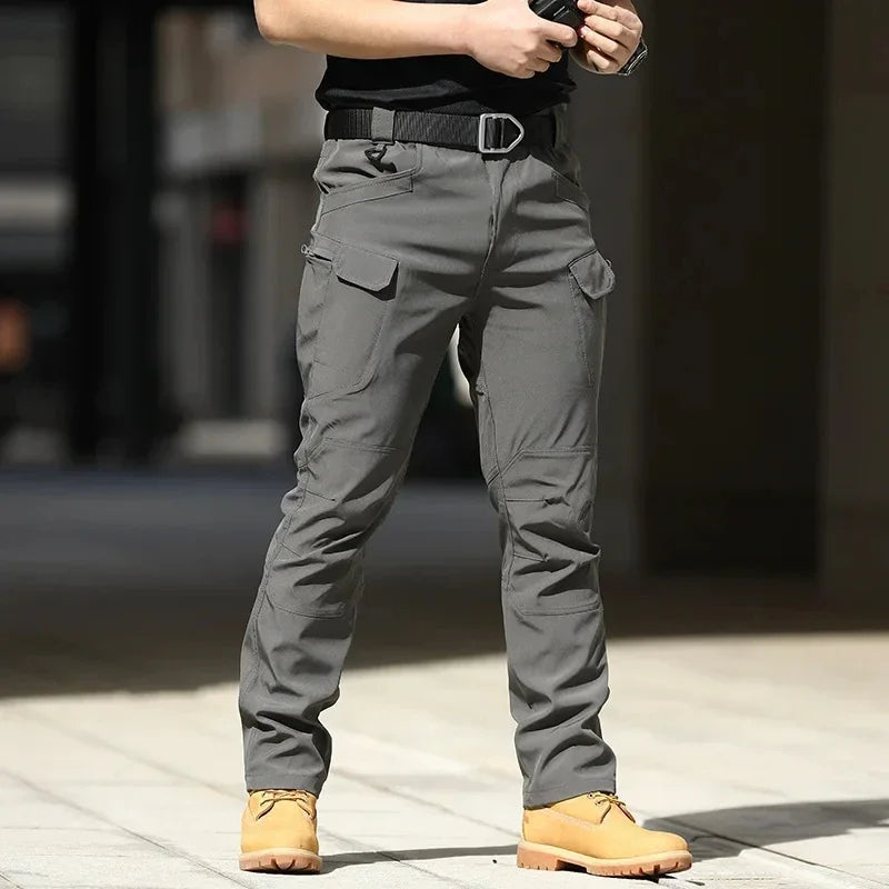 Men Waterproof Cargo Pants, Elastic Multiple Pocket Military Trousers.