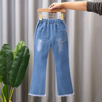 2024 New Autumn Elastic Kids Jeans, Girls Cute Leisure Bow Denim Children Flared Pants.