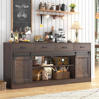 70" Farmhouse Buffet Cabinet with 4 Drawers, Sliding Doors, Storage for Living Room, Kitchen, Brown.