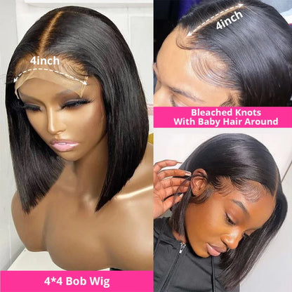 Glueless 13x4 Straight Lace Front Bob Wig Pre-Plucked 4x4 Closure Brazilian Remy Human Hair Bone Straight Short Bob