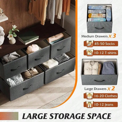 5-Drawer Fabric Dresser – Wide Storage Organizer with Bins for Bedroom.