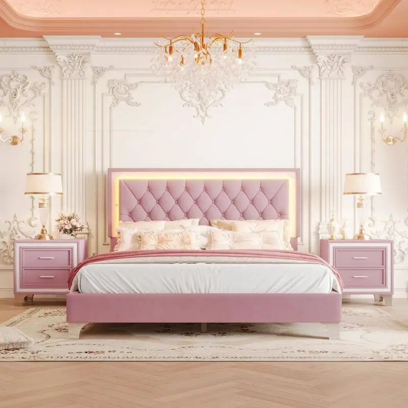 3-Piece Bedroom Set, Queen Size Upholstered Bed with LED Lighting & 2 Nightstands.