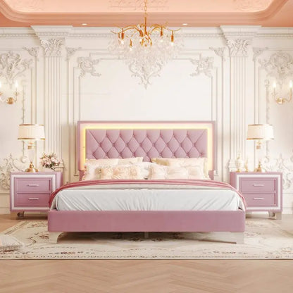 3-Piece Bedroom Set, Queen Size Upholstered Bed with LED Lighting & 2 Nightstands.