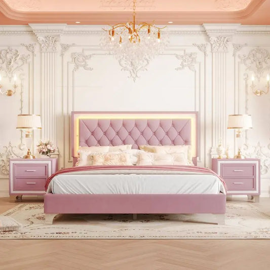 3-Piece Bedroom Set, Queen Size Upholstered Bed with LED Lighting & 2 Nightstands.