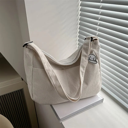 Women's Corduroy Shoulder Bag | Casual Striped Large Capacity Tote with Zipper (Cute Hat Patch, Everyday Use)