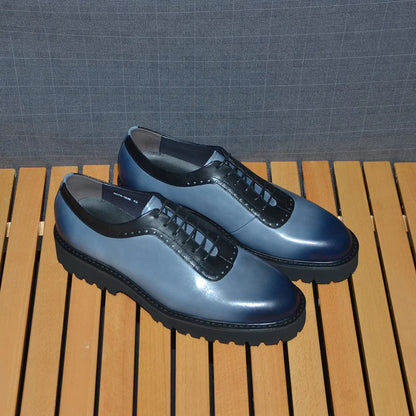 Designer Luxury Platform Oxfords for Men | Cow Suede Genuine Leather Black & Blue Casual Shoe (Height Increasing)