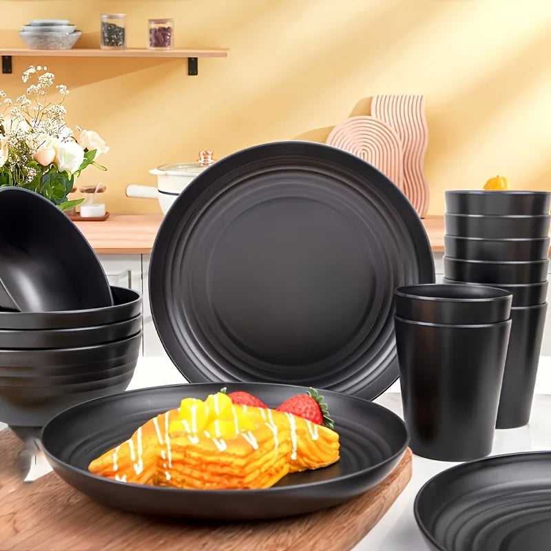 16-PC Unbreakable Plastic Dinnerware Set | Microwave & Dishwasher Safe, Plates Bowls Cups