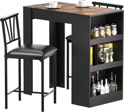 Compact Bar Table and Chairs Set for 2, with Storage Shelves, Space-Saving, Black.