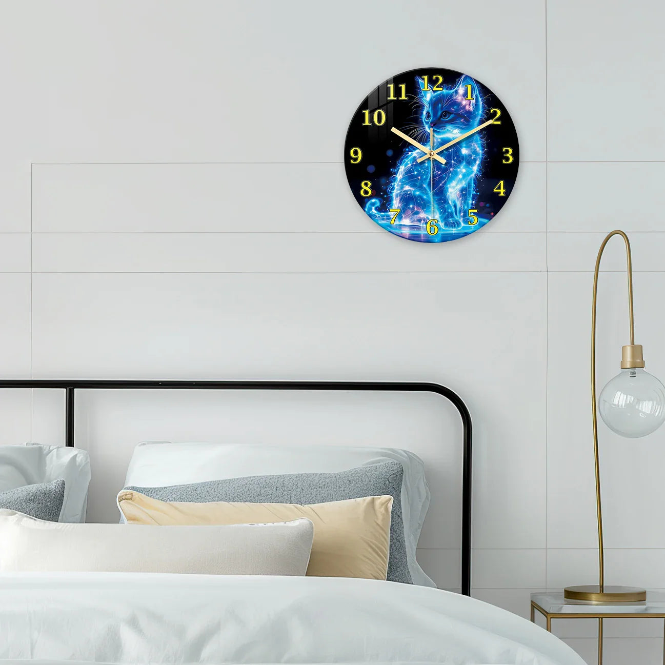 A Unique Neon Cat Tempered Glass Wall Clock, 12-24inch Round Cat-Themed Silent Clocks Powered by Batteries.(Battery not included)