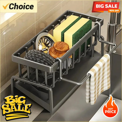 1Pc Multifunctional Plastic Kitchen Shelf, Rag Storage Drainage Rack with Hooks.