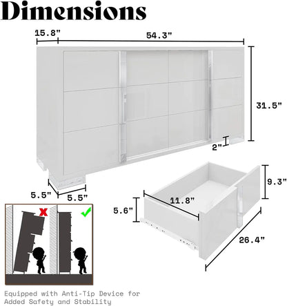 Modern Storage Chest of Drawers with Wide Tabletop, 54" W High Gloss 6 Drawers Dresser with Silver Grooved Handles.
