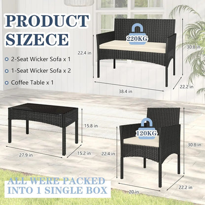 4 Pieces Patio Furniture Set, Outdoor Wicker Rattan Patio Conversation Furniture Set.