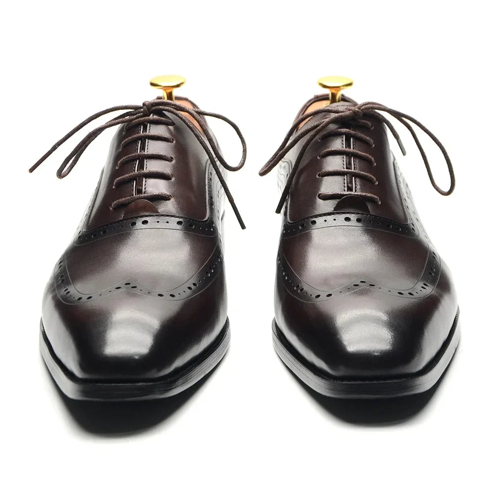 Men Wingtip Oxford Dress Shoes, Genuine Leather Brogue, Dark Brown Lace-up Pointy Toe, Business, Office, Wedding, Formal Shoes.