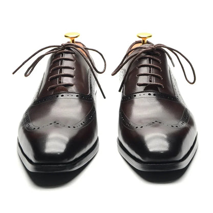 Men Wingtip Oxford Dress Shoes, Genuine Leather Brogue, Dark Brown Lace-up Pointy Toe, Business, Office, Wedding, Formal Shoes.